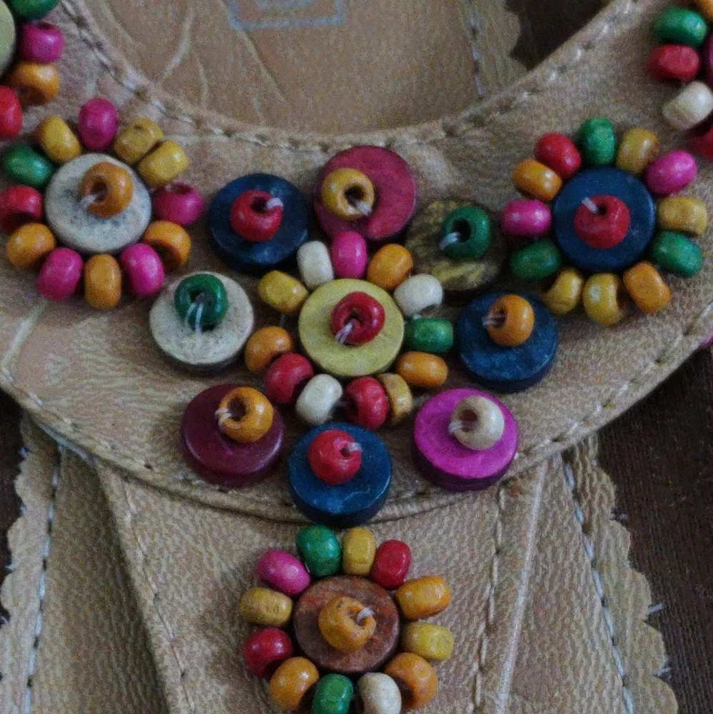 Women's Tan Wooden Beaded Thong Sandals